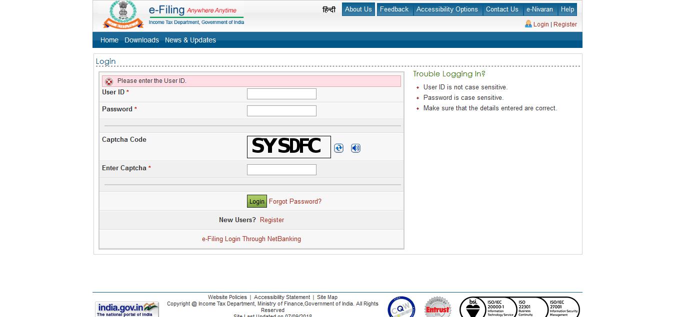 Portal incometaxindiaefiling gov in see bug description issue