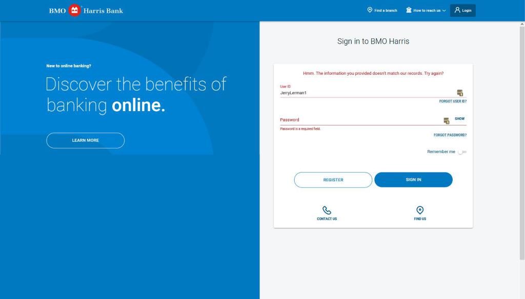 bmo harris website not working