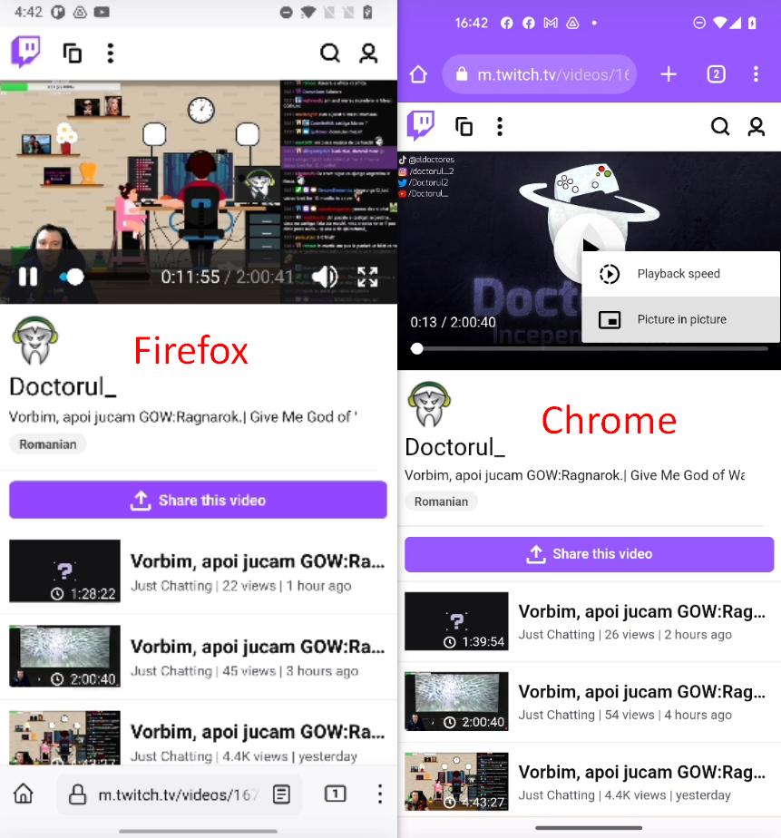 m.twitch.tv "Playback speed" and "Picture in picture" media controls